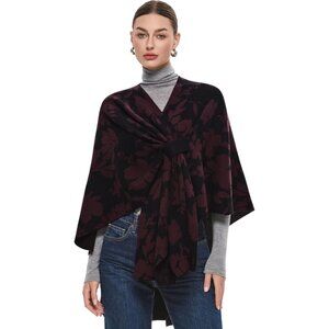 Women's Black Burgundy Elegant Open Poncho Sweater Spring Fall Winter Shawl Wrap